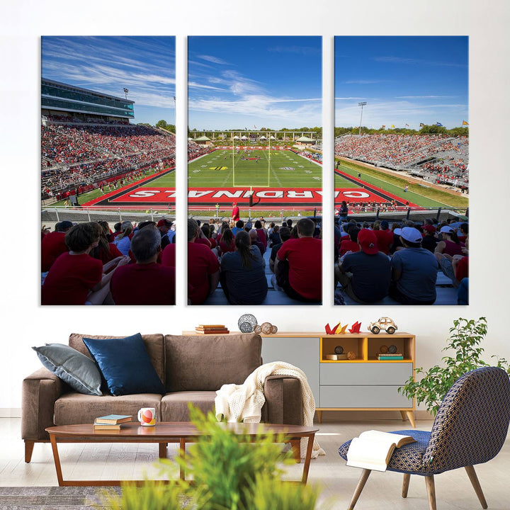 The Ball State Cardinals wall art on canvas depicts fans in red at Scheumann Stadium.