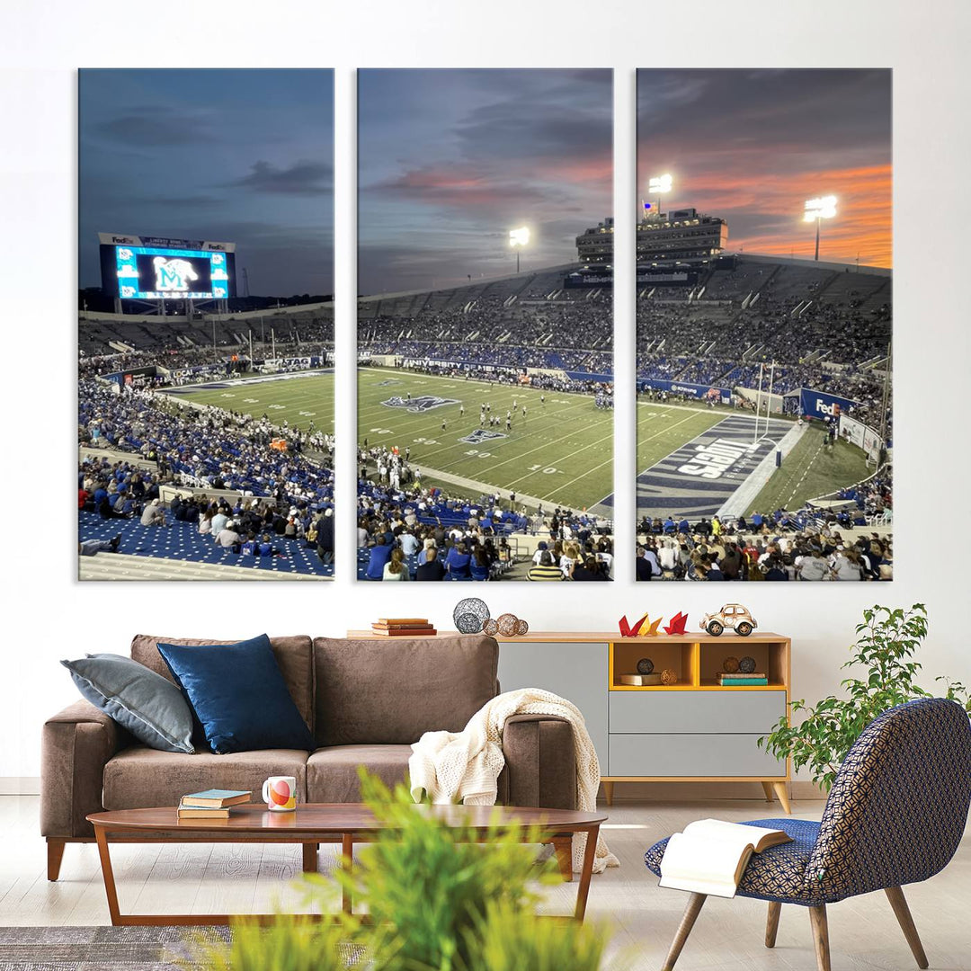 A Memphis Tigers football canvas print of Simmons Bank Liberty Stadium at sunset enhances the living room.