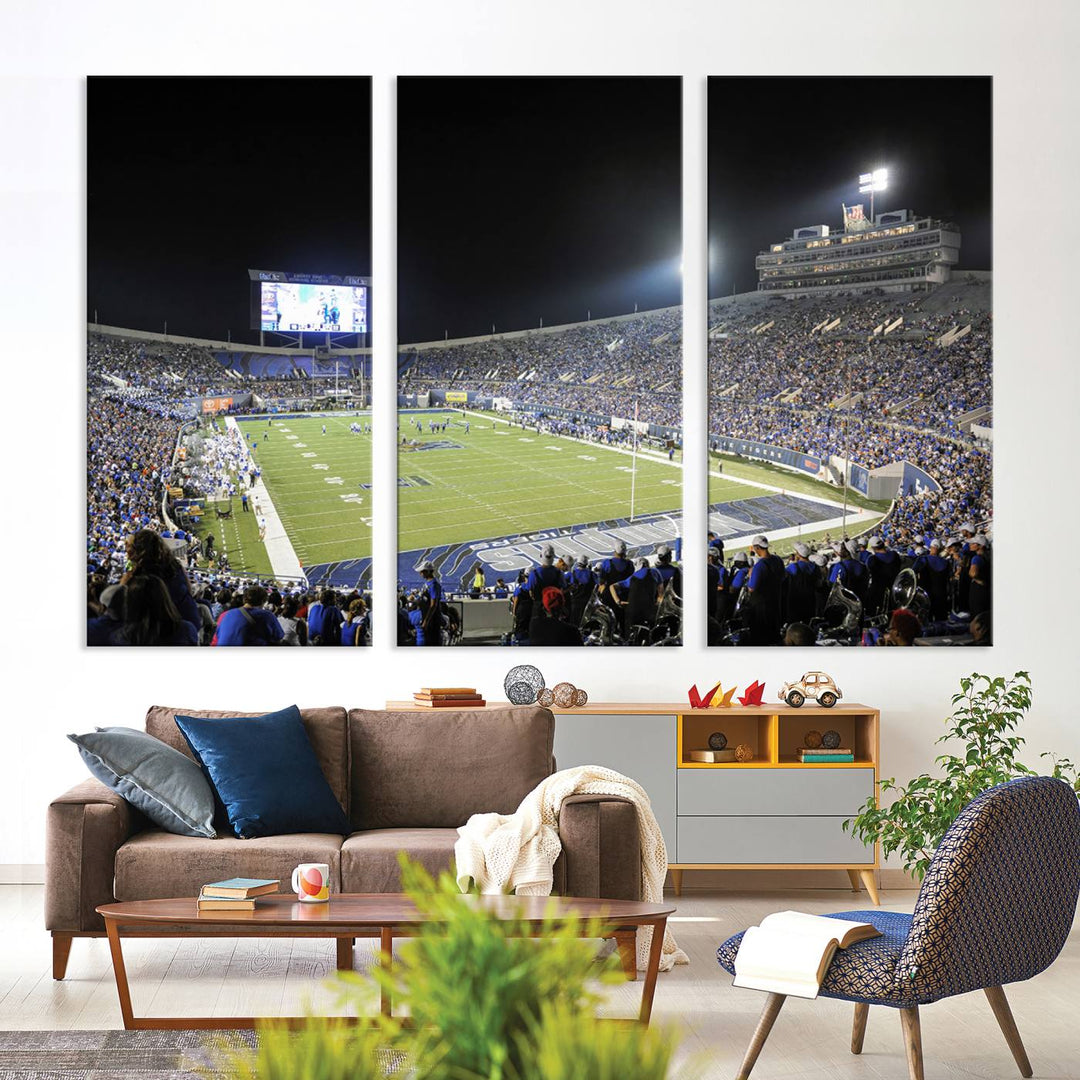 A vibrant depiction of Liberty Stadium at night, highlighting a Tigers football game on the large screen with stands filled with enthusiastic fans.