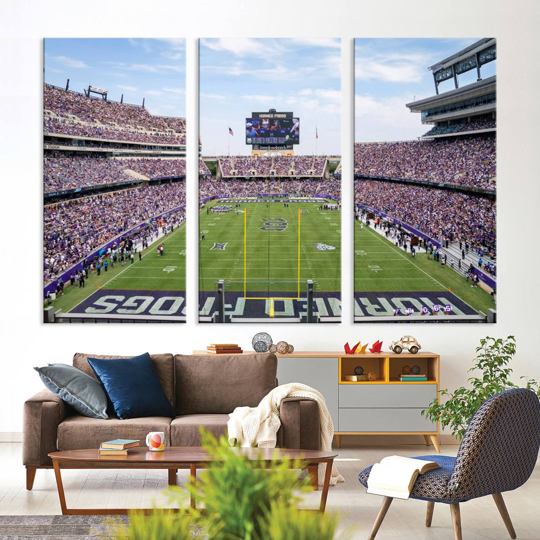 The TCU Horned Frogs print portrays a vibrant Amon G. Carter Stadium, filled with energy and game action.