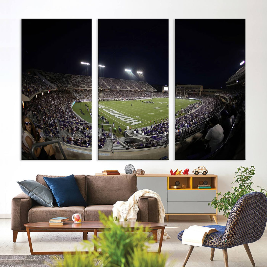 The wall art print features a night view of Amon G. Carter Stadium filled with TCU fans, showcased in the Horned Frogs Football Canvas Wall Art.