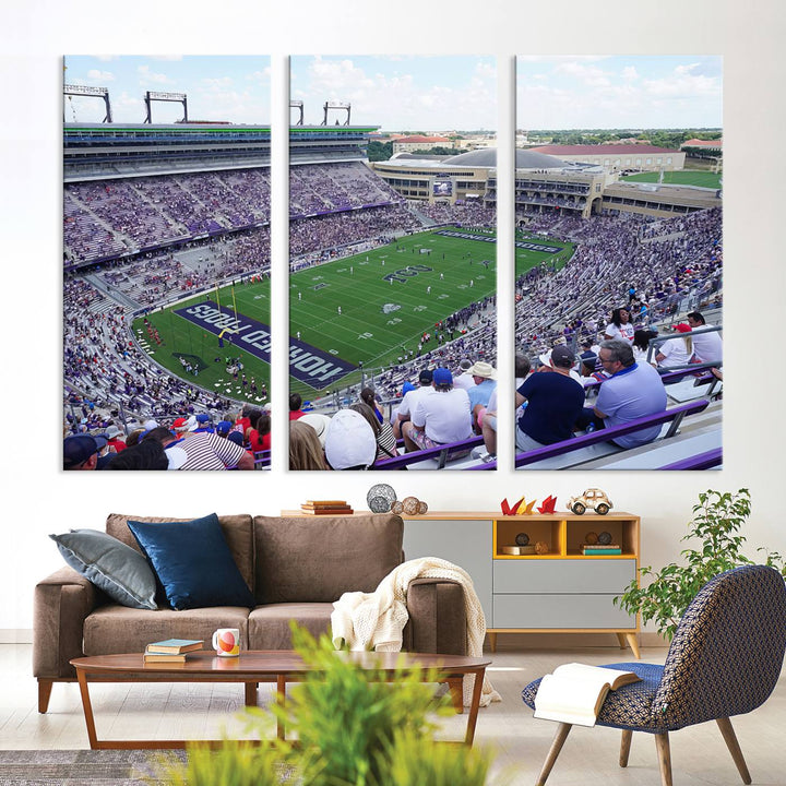 Amon G. Carter Stadium wall art canvas showcasing the TCU Horned Frogs and packed stands at Fort Worth.