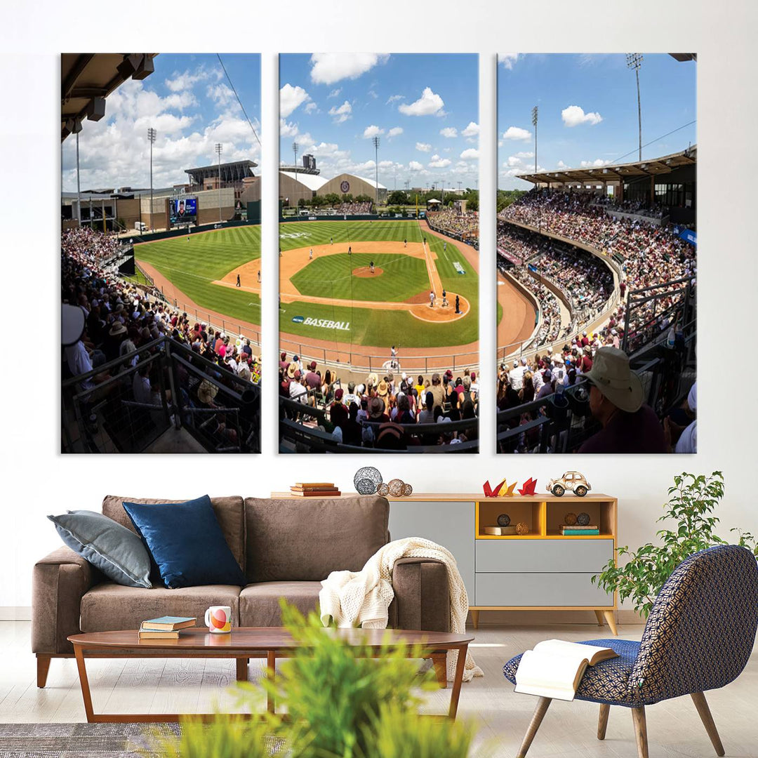 A baseball stadium under a blue sky, capturing the energy of The Texas A&M Aggies Athletics Kyle Field Wall Art.