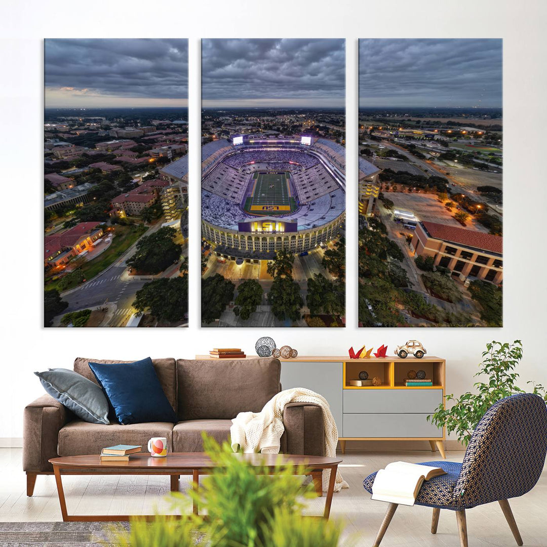 The LSU Tigers Football Team Baton Rouge Tiger Stadium Canvas is displayed prominently, capturing attention with its vivid depiction of the iconic stadium.