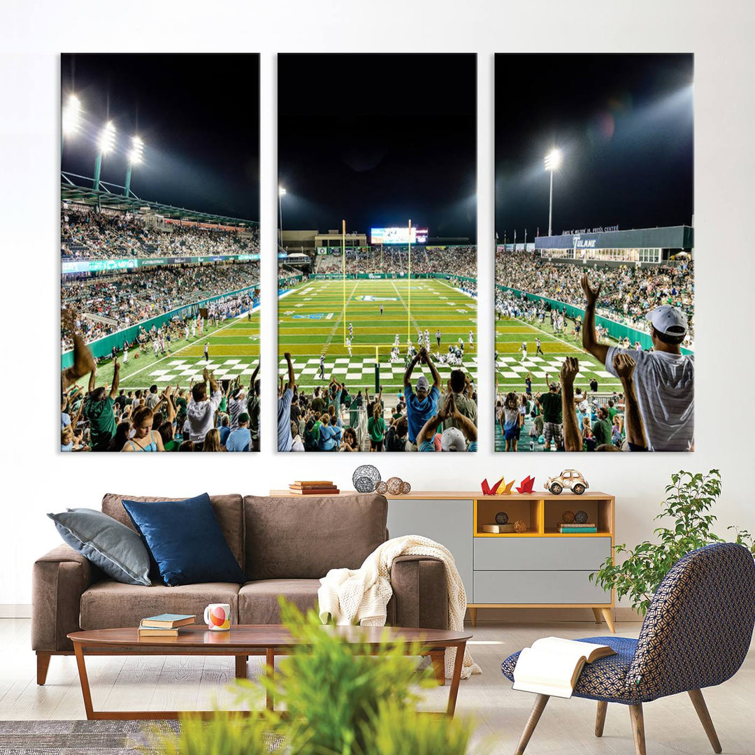 This vibrant wall art canvas print captures the excitement of fans cheering for the Tulane Green Wave Football Team under the lights of Yulman Stadium.