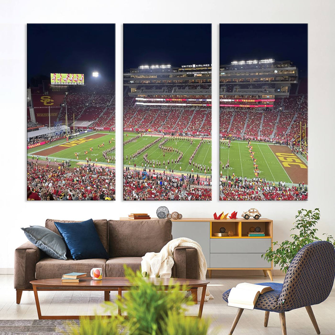 Canvas print depicting a packed stadium at night with a marching band forming USC, celebrating the Trojans at Los Angeles Memorial Coliseum.