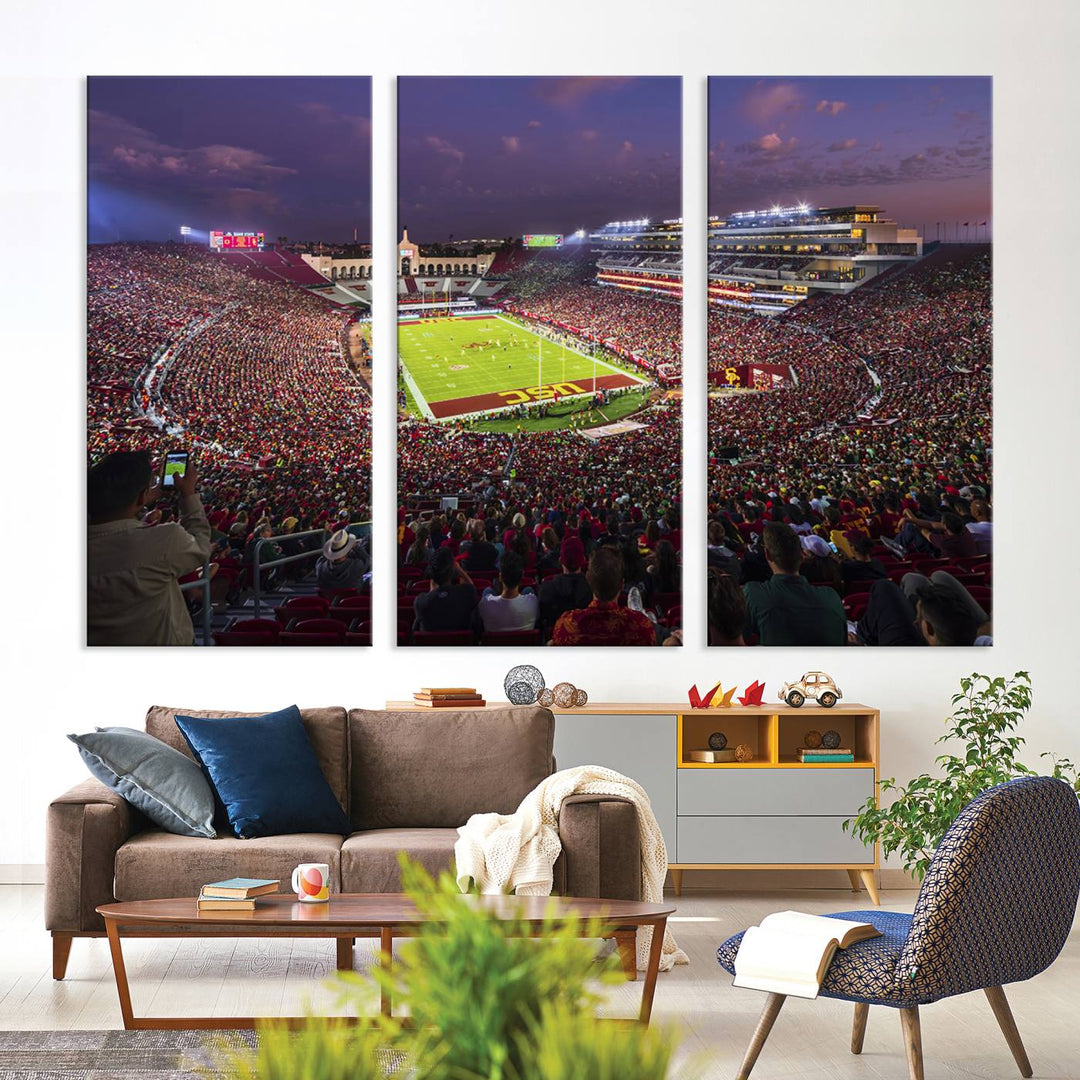 The vibrant wall art canvas print captures the USC Trojans playing under lights at dusk in LA Memorial Coliseum.