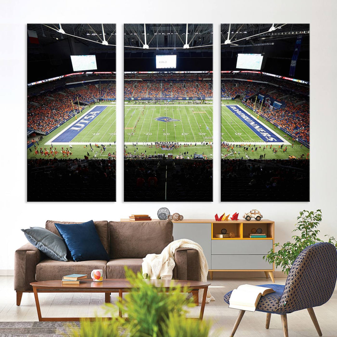 The UTSA Roadrunners game at Alamodome canvas print captures the scene from above, displaying fans and the UTSA lettering on the field.