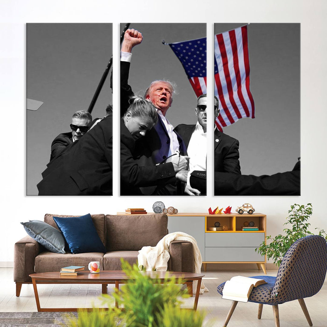 This three-panel artwork, titled "Donald Trump Assassination Attempt Wall Art Print," features a striking image of a man in a suit raising his fist with the US flag. Printed on museum-quality canvas for unmatched vibrancy, it adds an effortless touch of elegance and arrives ready to hang.