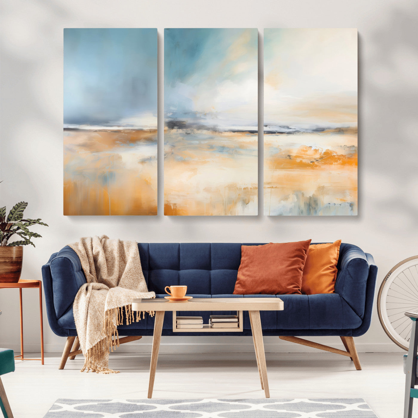-Abstract Landscape Wall Art Canvas Print - Warm Tones of Orange and Blue, Modern Framed Art for Home