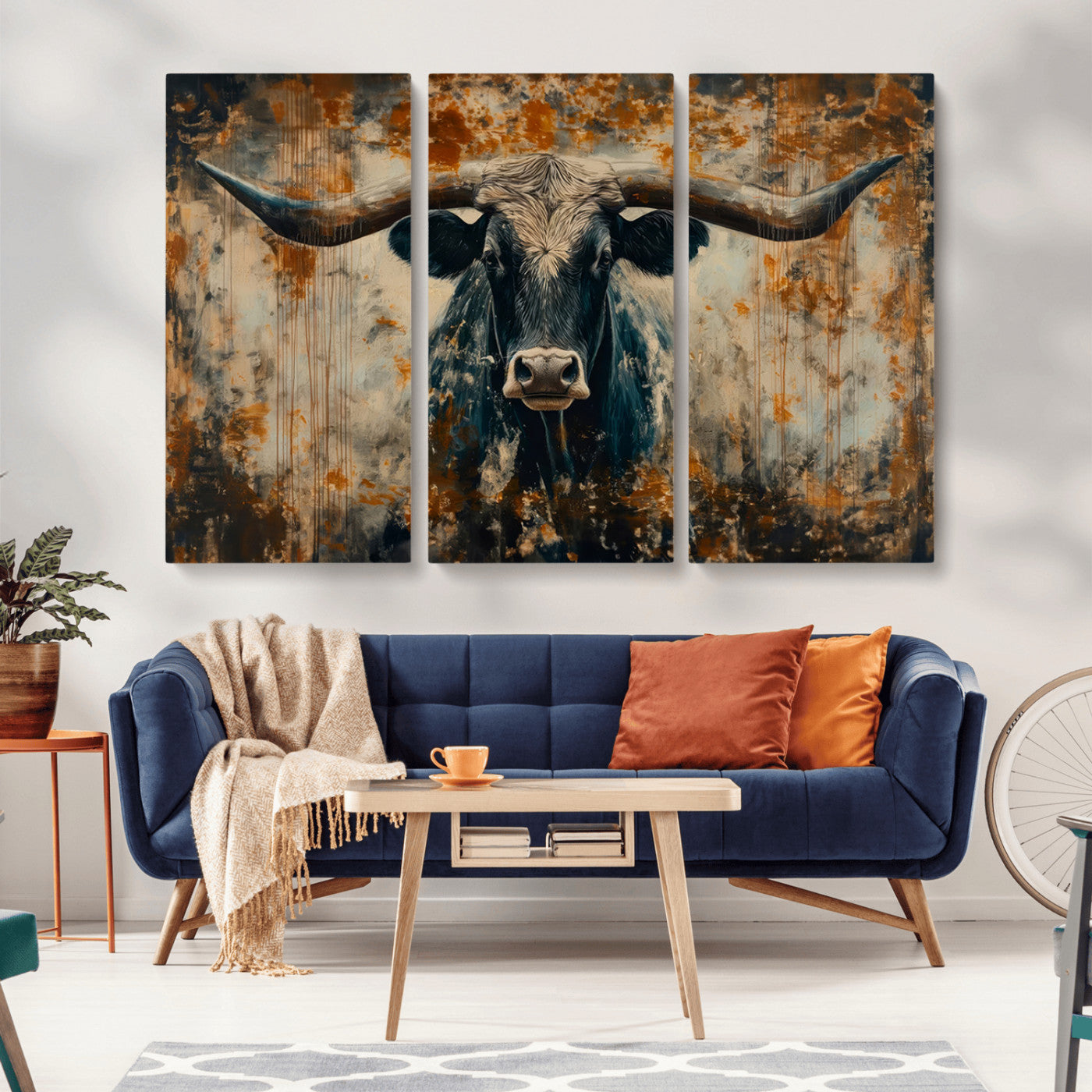 MGV-CV-48X32-3P - Abstract Longhorn Bull Wall Art | Rustic Western Wall Decor | Framed and Ready to Hang | Ideal for