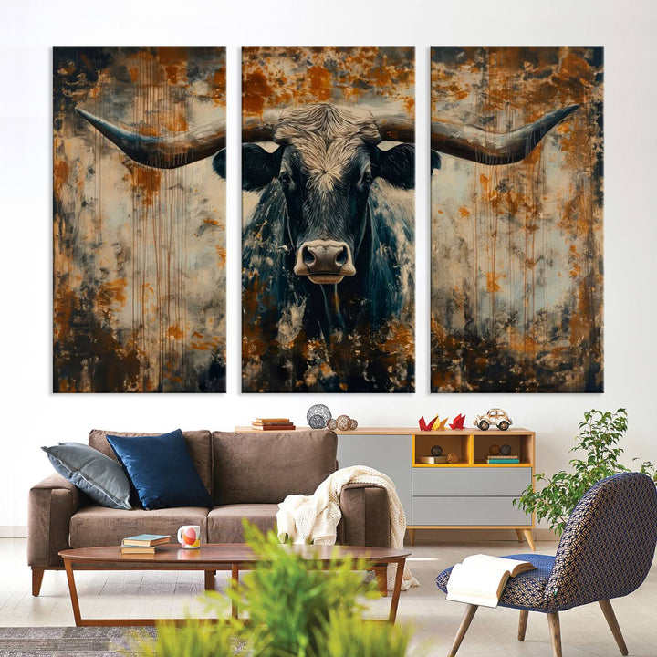 Abstract Longhorn Bull Wall Art | Rustic Western Wall Decor | Framed and Ready to Hang | Ideal for Farmhouse, Lodge, and Barn Decor