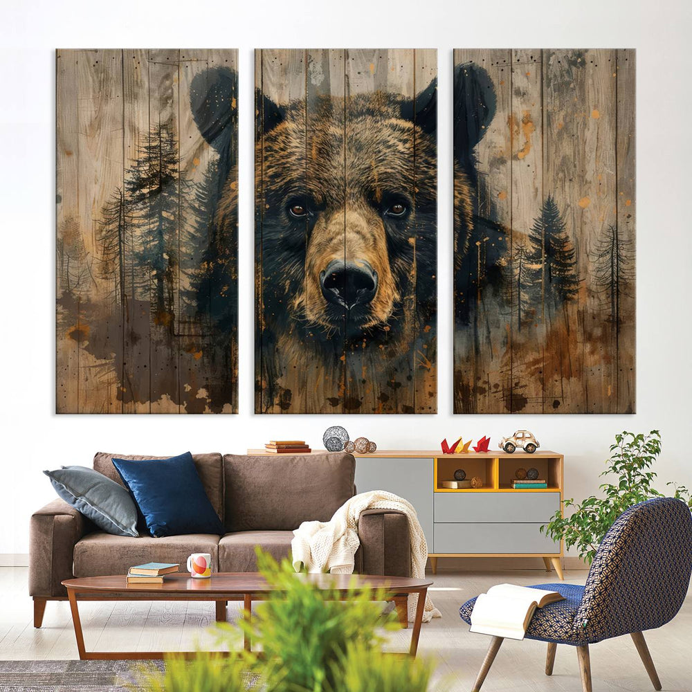 Abstract 399 Bear Wall Art showcases a bears face intertwined with forest trees, ideal for enhancing rustic lodge, cabin, or barn decor.