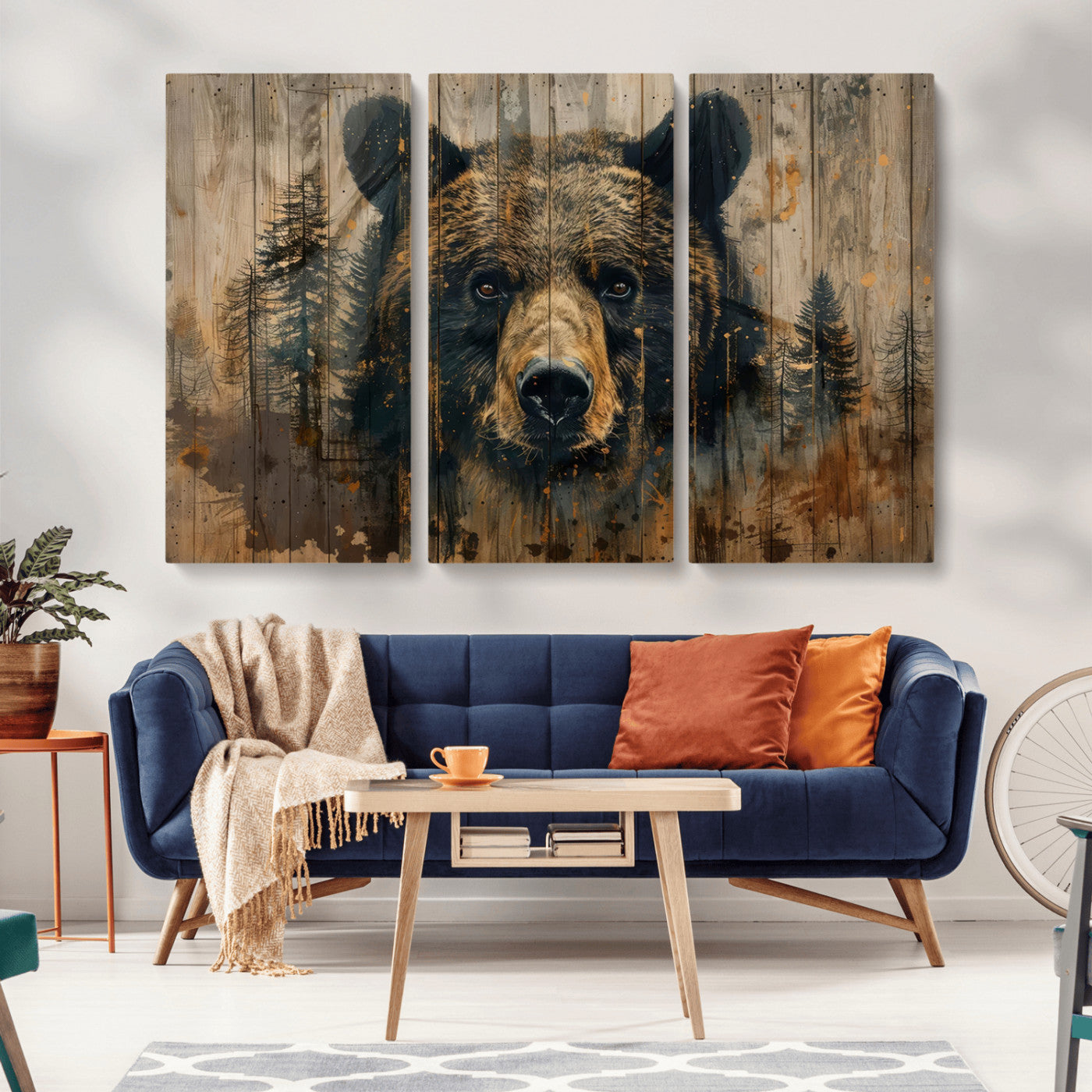 MGV-CV-48X32-3P - Abstract 399 Bear Wall Art | Rustic Cabin Wall Decor with Forest Design | Framed and Ready to Hang |