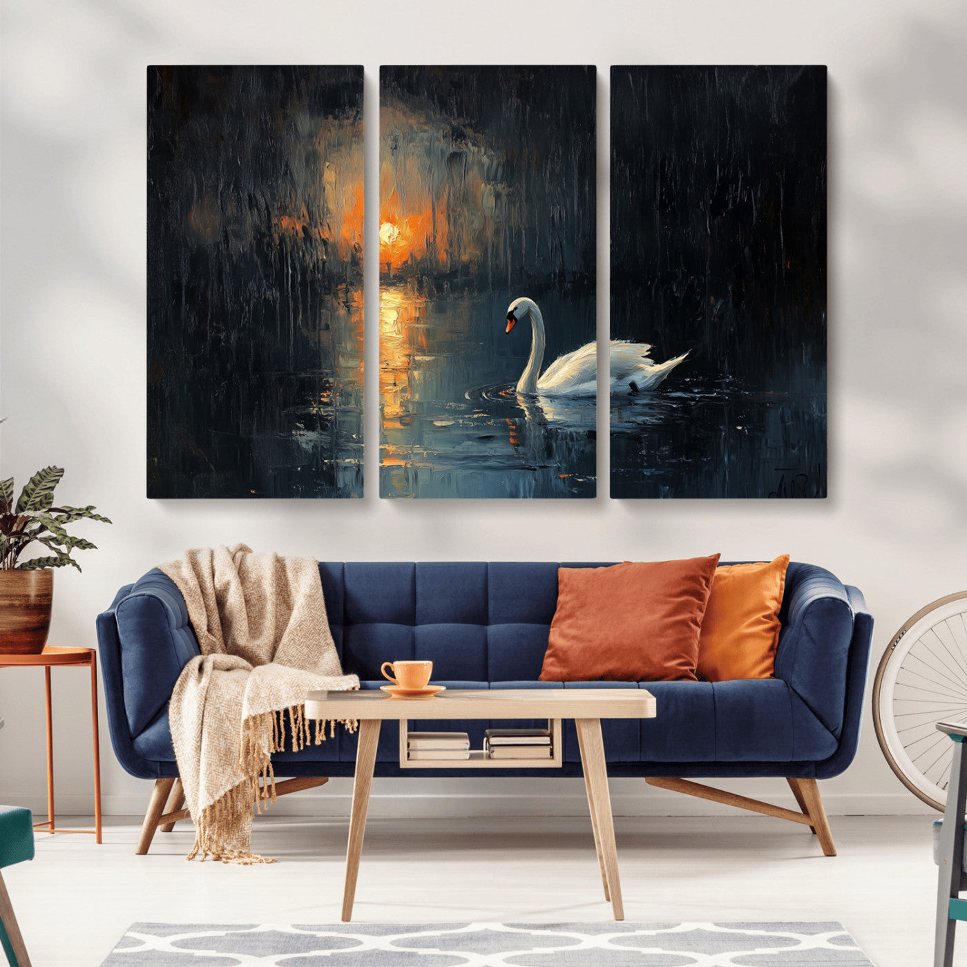 MGV-CV-48X32-3P - Abstract Swan on Water Wall Art Canvas Print - Elegant Nature Scene for Modern Home Decor
