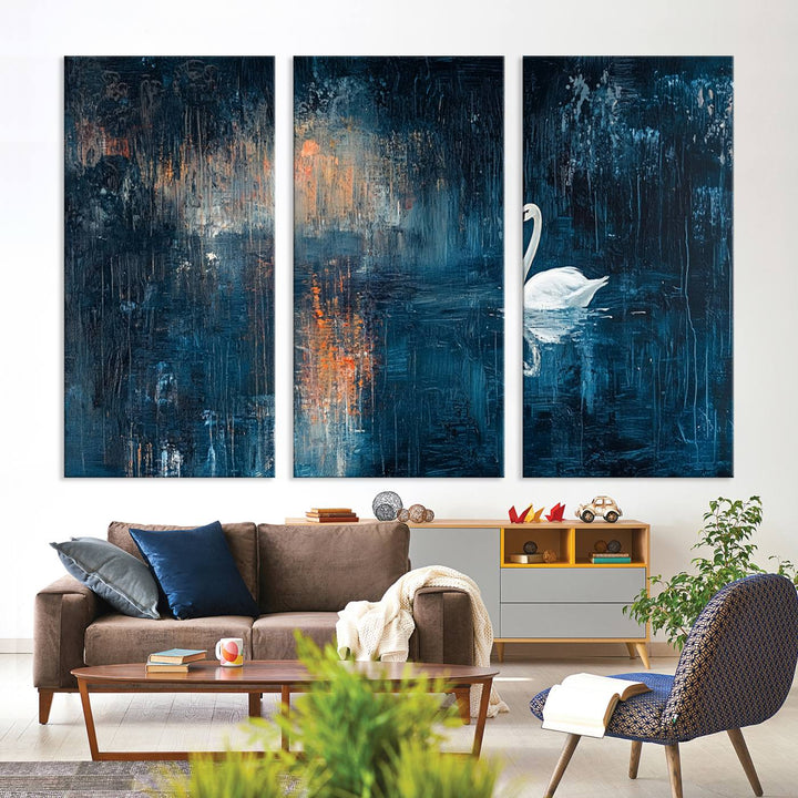 Abstract Swan Wall Art | Moody Blue and Orange Swan Painting on Canvas | Framed and Ready to Hang | Elegant and Modern Art for Living Room or Bedroom Decor