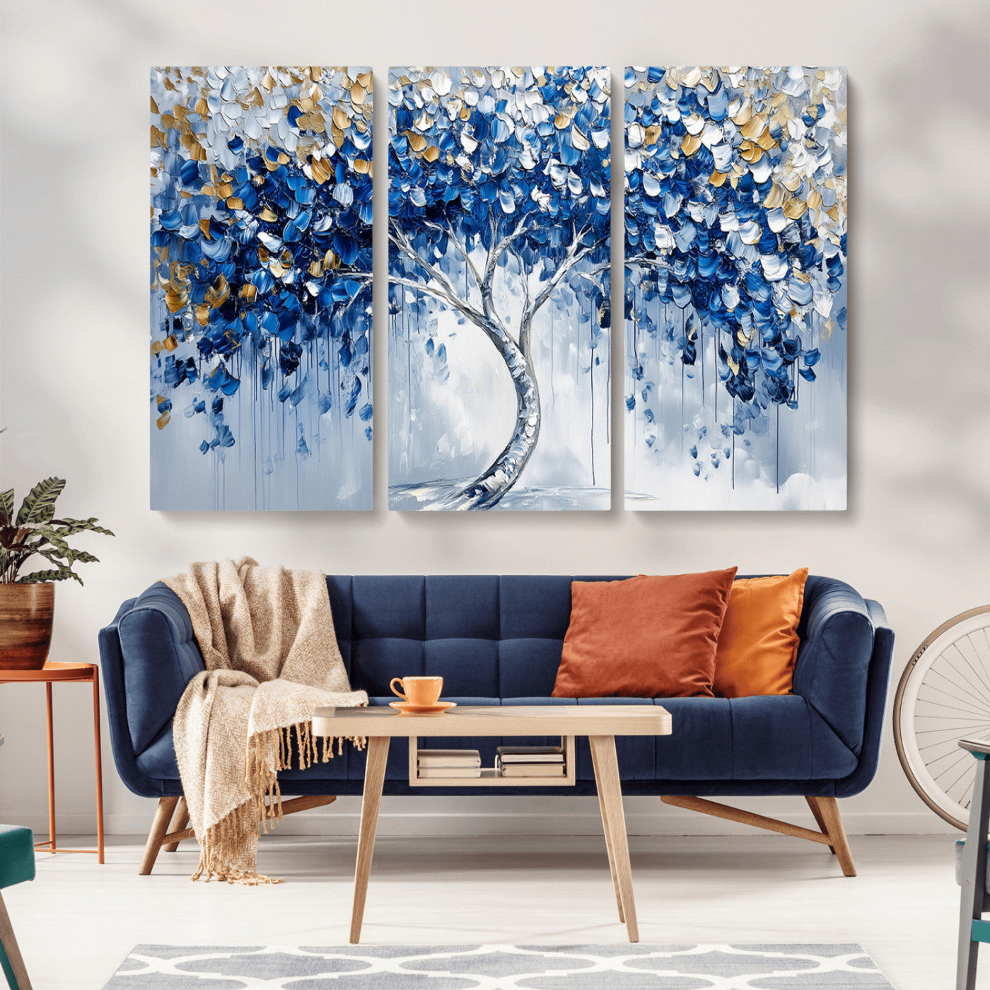 MGV-CV-48X32-3P - Blue and Gold Abstract Tree Wall Art Canvas Print | Modern Tree of Life Painting | Framed Canvas