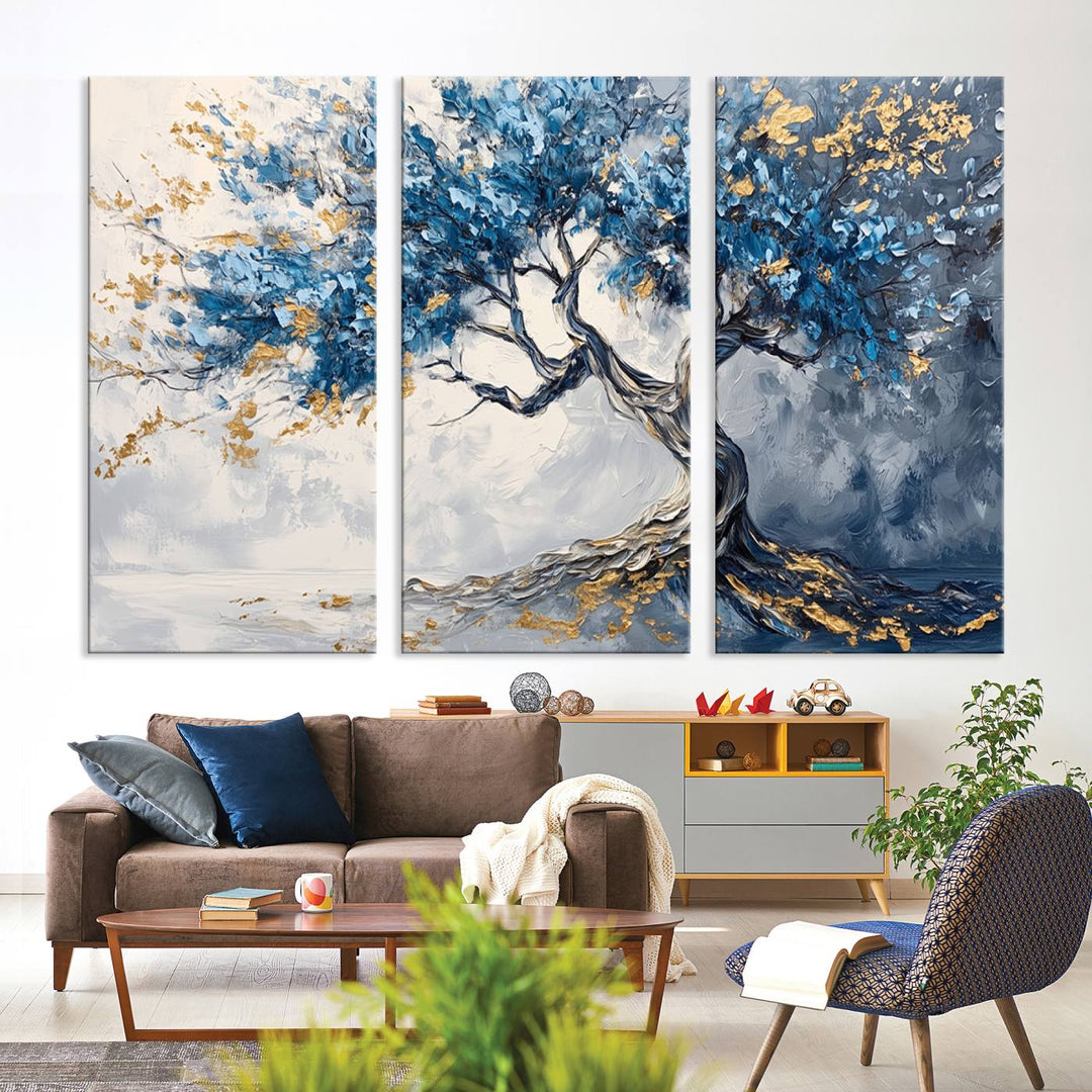 Elegant Abstract Tree Canvas Wall Art | Tree of Life Painting | Textured Art in Blue and Gold | Framed & Ready to Hang for Modern Living Room Decor