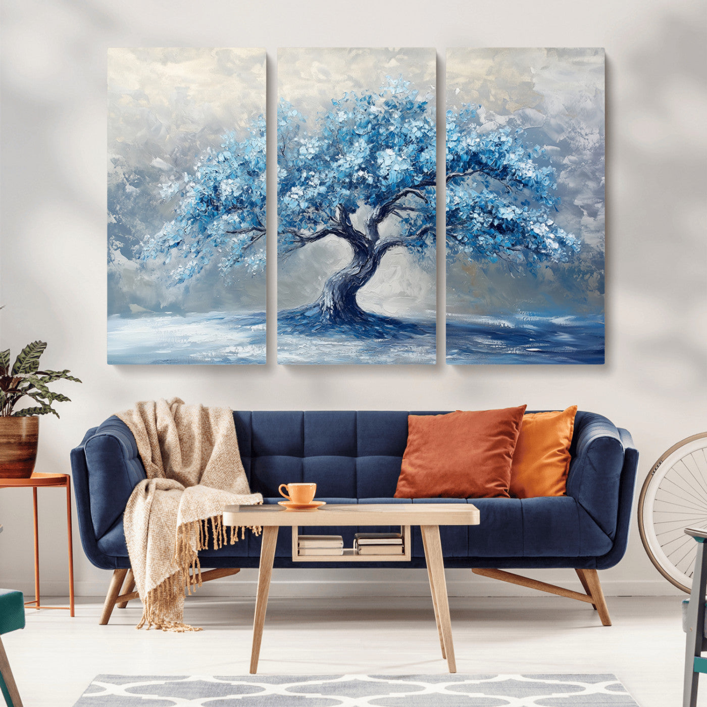 MGV-CV-48X32-3P - Abstract Blue Tree Art Canvas Print, Majestic Tree Wall Art Print for Farmhouse Decor