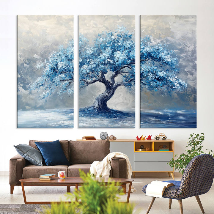 Serene Abstract Blue Tree Wall Art | Canvas Print of a Majestic Tree in Blue Hues | Perfect for Farmhouse, Coastal, and Modern Decor