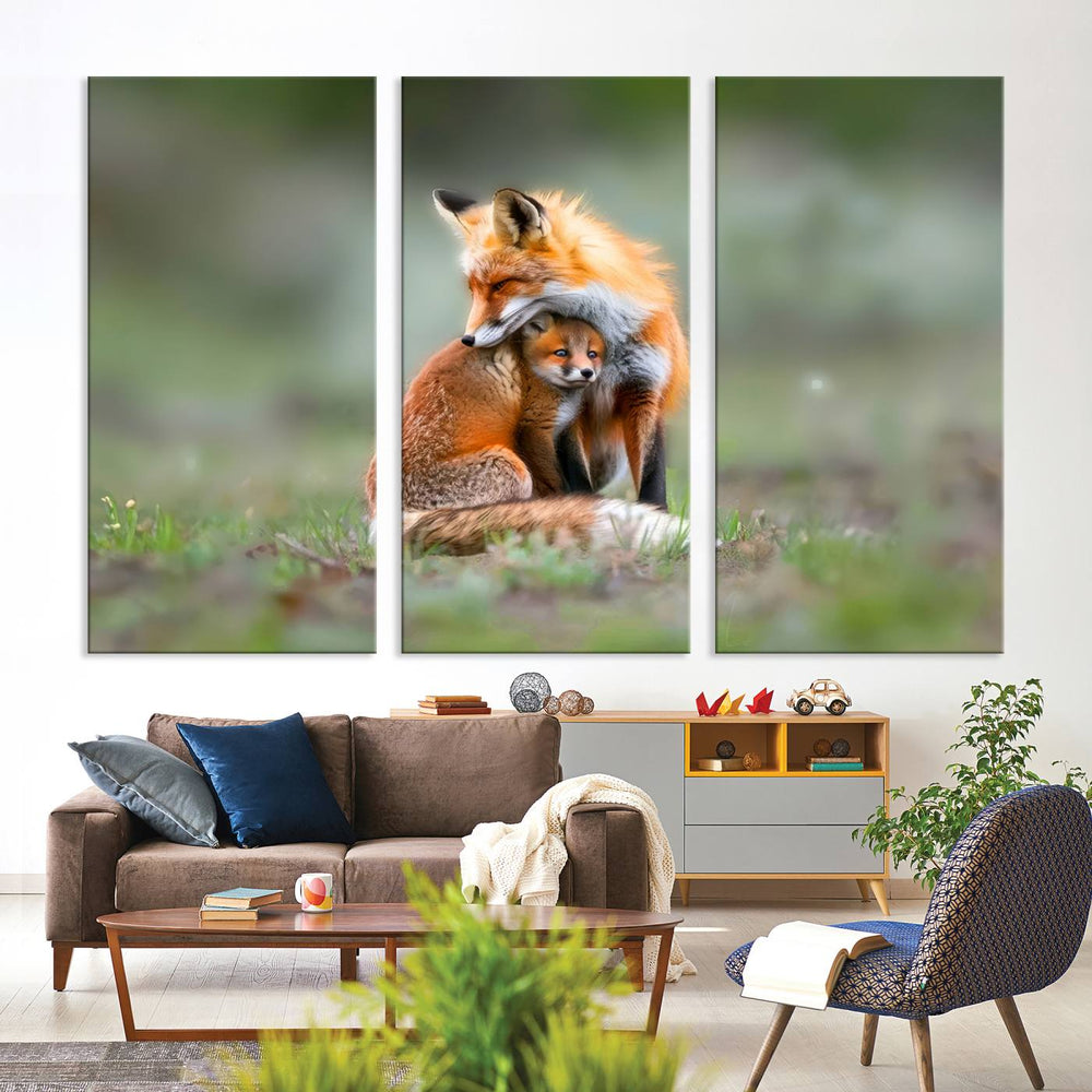 Heartwarming Fox and Baby Cub Wall Art - ready to hang, ideal for animal lovers, rustic decor, and cabin wall art.