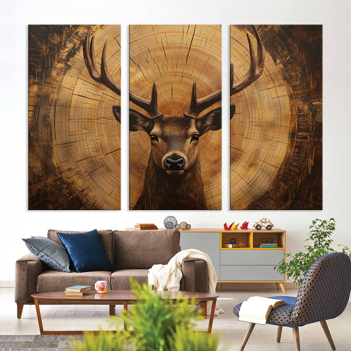 Rustic Stag Wall Art – 3-Panel Deer Head and Tree Ring Canvas Print, Giclée Artwork, Ready to Hang Woodland Decor for Modern Rustic Homes