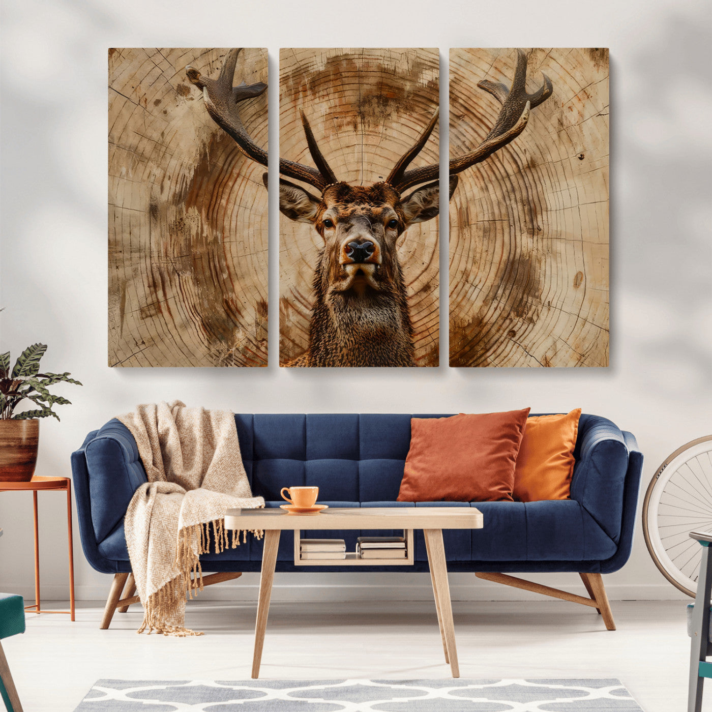 MGV-CV-48X32-3P - Wood Abstract Deer Wall Art | Rustic Wildlife Canvas Print | Ready to Hang Stag Head Triptych for