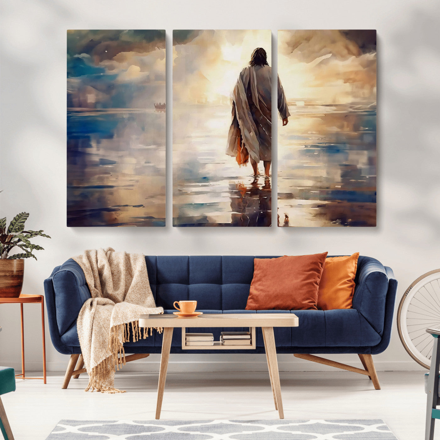 MGV-CV-48X32-3P - Jesus Walking on Water Wall Art | Ready to Hang Spiritual Triptych Canvas Print | Inspirational