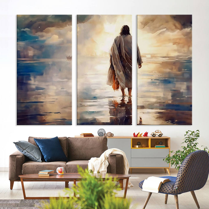 Jesus Walking on Water Wall Art | Ready to Hang Spiritual Triptych Canvas Print | Inspirational Christian Decor for Home or Church