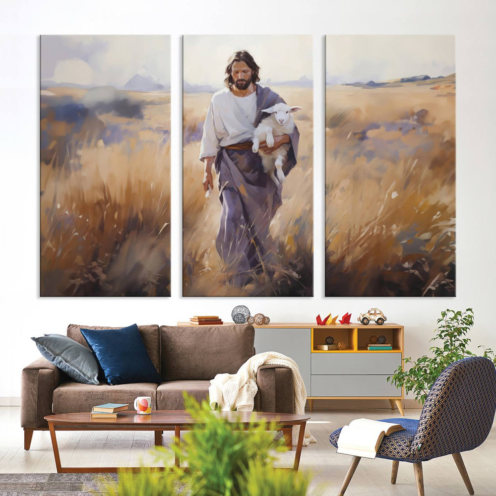 A canvas art piece depicts a bearded man carrying a lamb in a field, reminiscent of Jesus the Good Shepherd, ideal for prayer room decor.