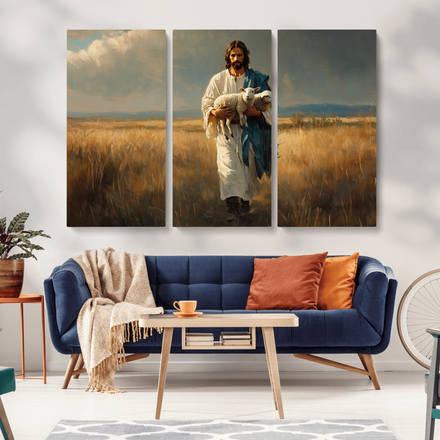 MGV-CV-48X32-3P - Jesus Shepherd Wall Art | Ready to Hang Triptych Canvas of Jesus Holding a Lamb in a Field |