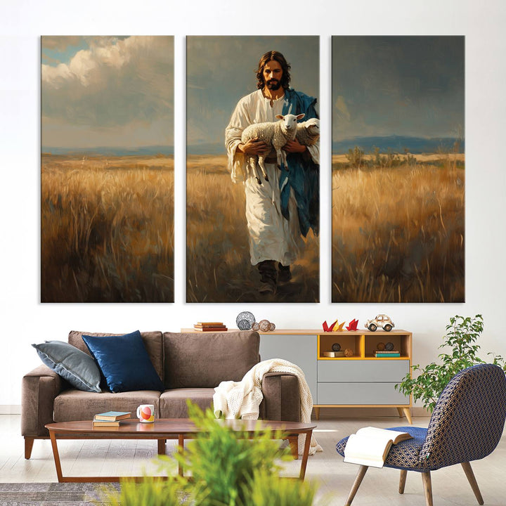 Jesus Shepherd Wall Art | Ready to Hang Triptych Canvas of Jesus Holding a Lamb in a Field | Inspirational Christian Decor for Home