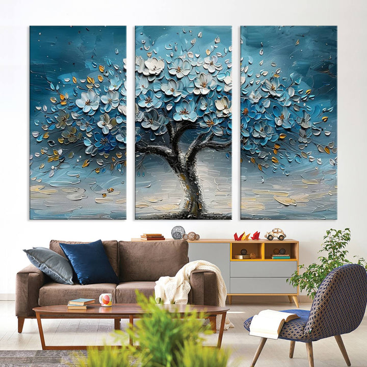 Abstract Blooming Tree Wall Art Print features blue, white, and gold textures on museum-quality canvas, perfect for modern decor.