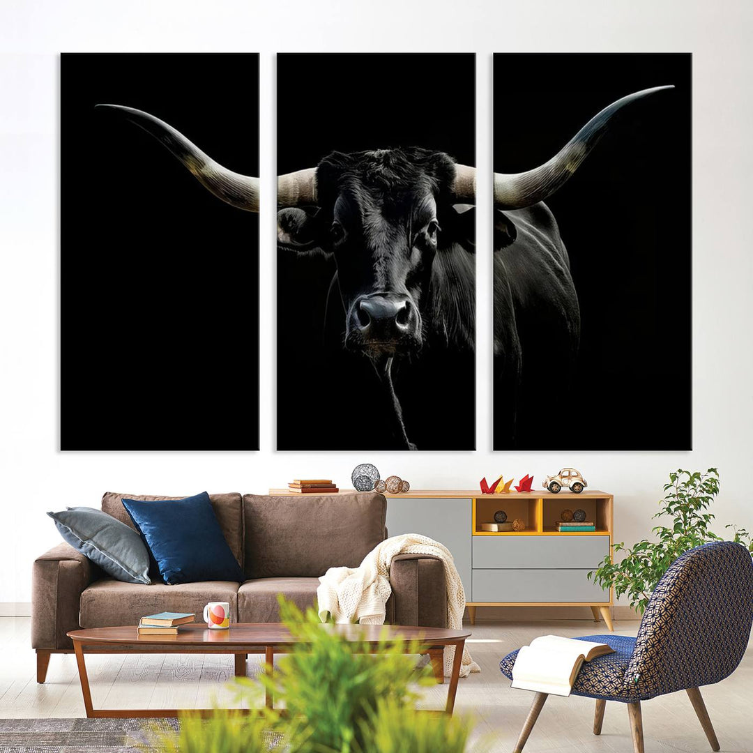 Texas Black Longhorn Bull Wall Art Canvas Print - Western Texas Cattle Rustic Decor Print - Longhorn Cow Wall Art