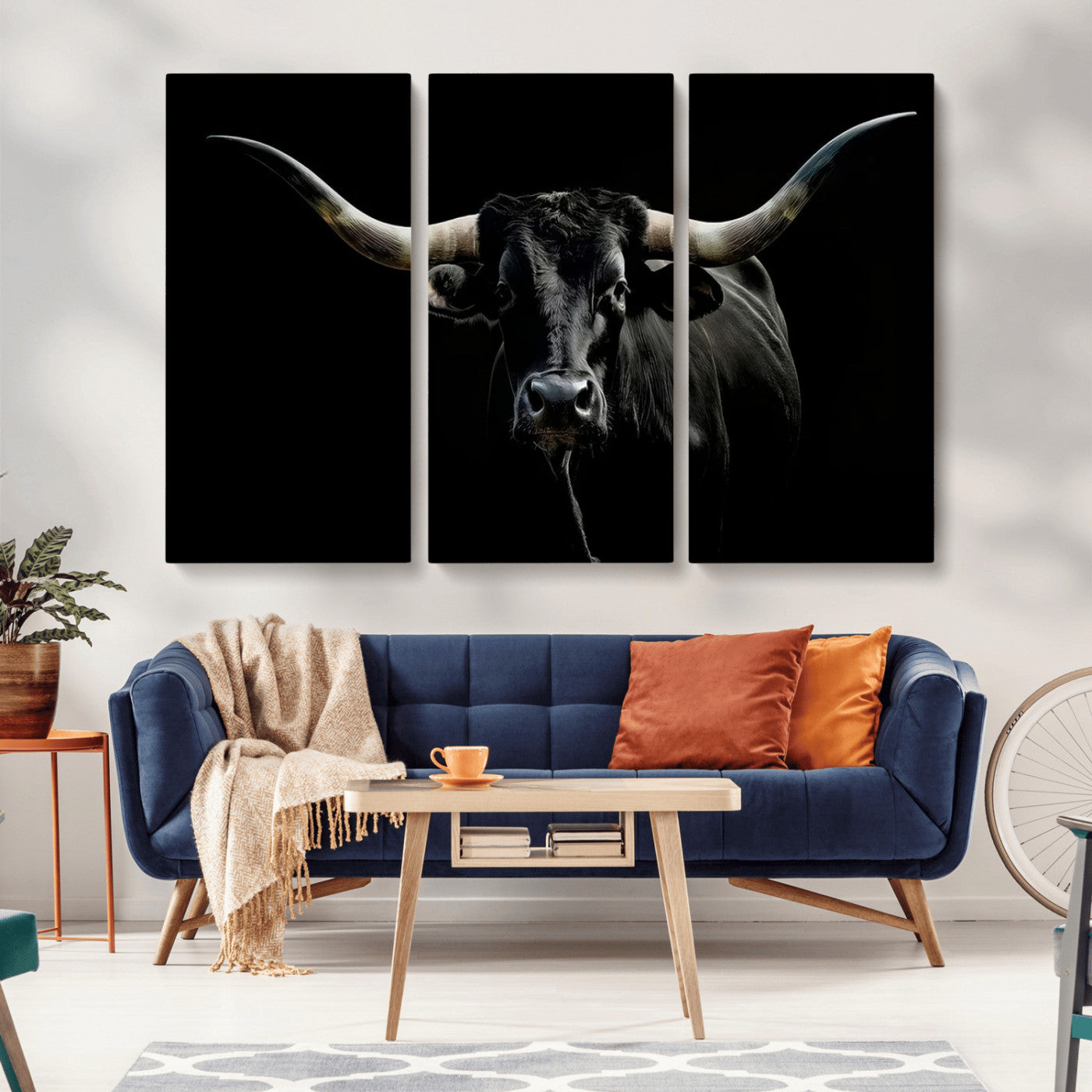 MGV-CV-48X32-3P - Texas Black Longhorn Bull Wall Art Canvas Print - Western Texas Cattle Rustic Decor Print - Longhorn
