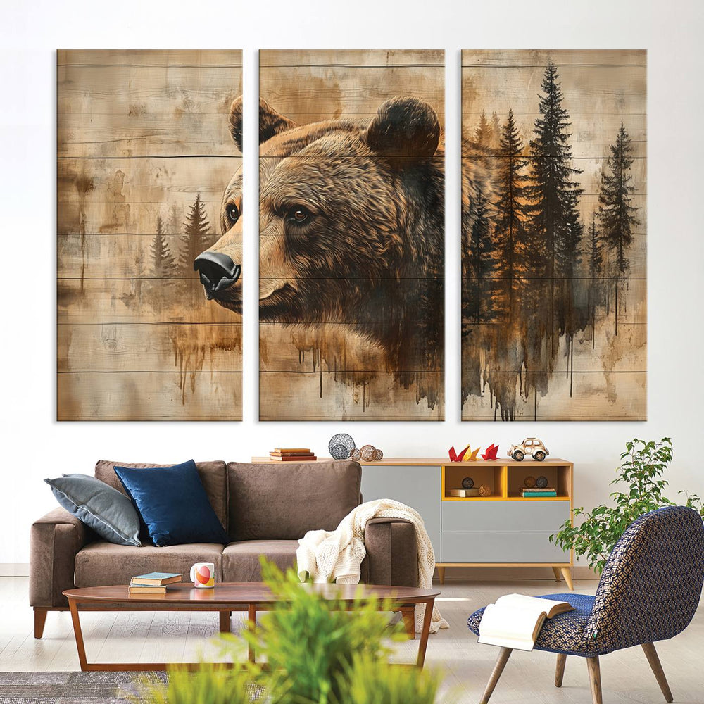 A Rustic Grizzly Bear Wall Art, ideal for farmhouse decor, beautifully adorns the setting with its charming presence.