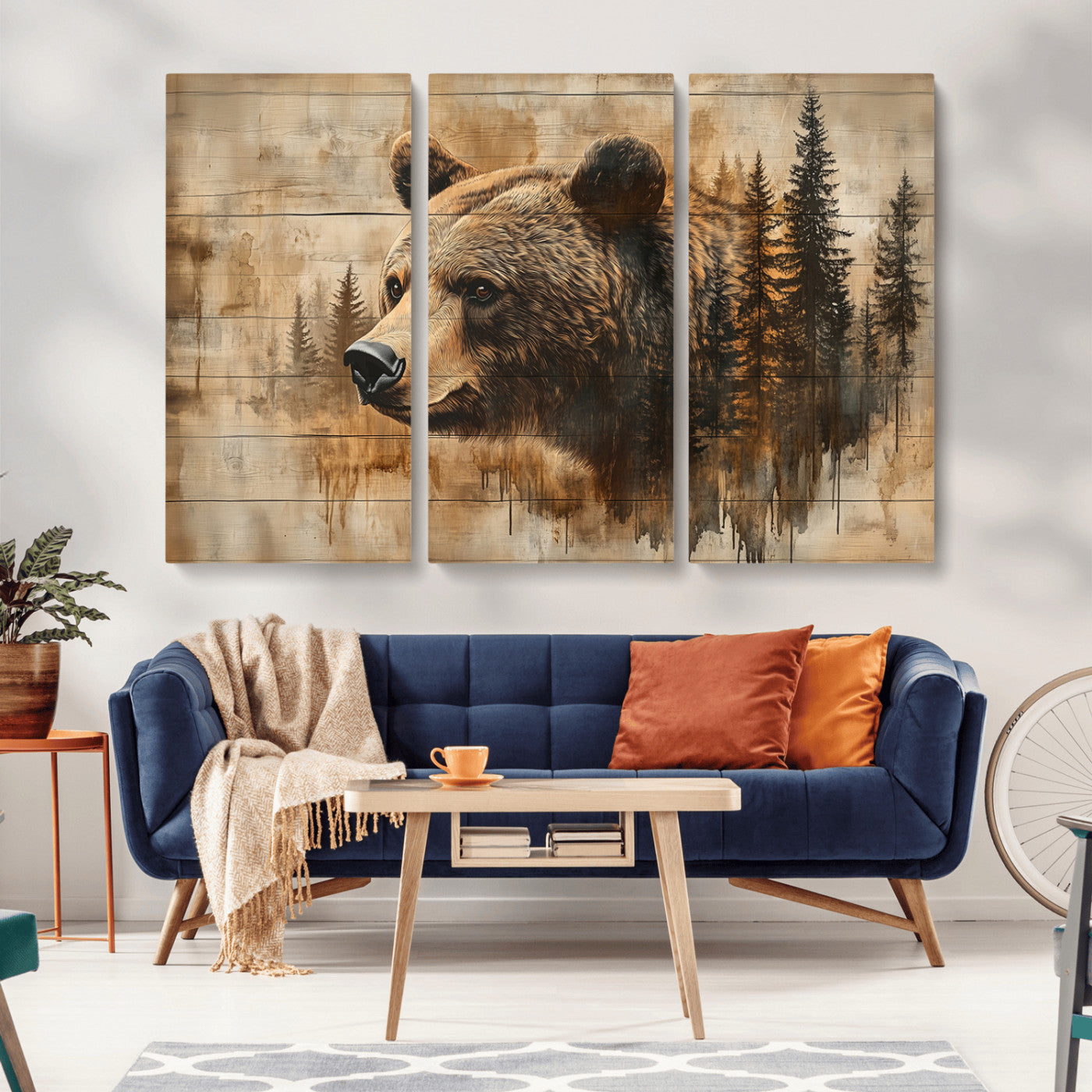 MGV-CV-48X32-3P - Rustic Grizzly Bear Wall Art, Abstract Grizzly 399 Bear Wall Art Canvas Print - Woodland Wildlife
