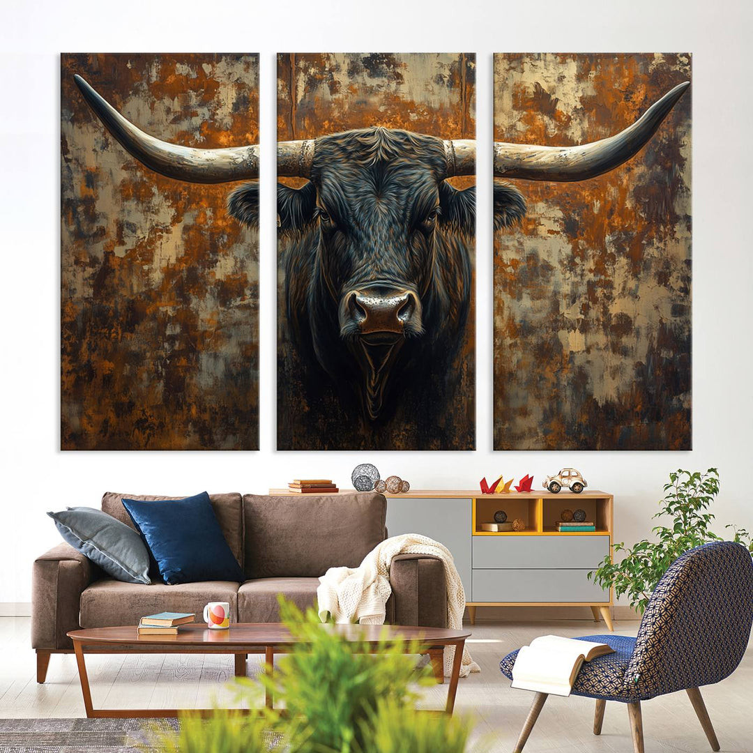 Abstract Longhorn Texas Bull Wall Art | Rustic Farmhouse Canvas Print | Ready to Hang Barn Decor for Farmhouse and Cabin Style