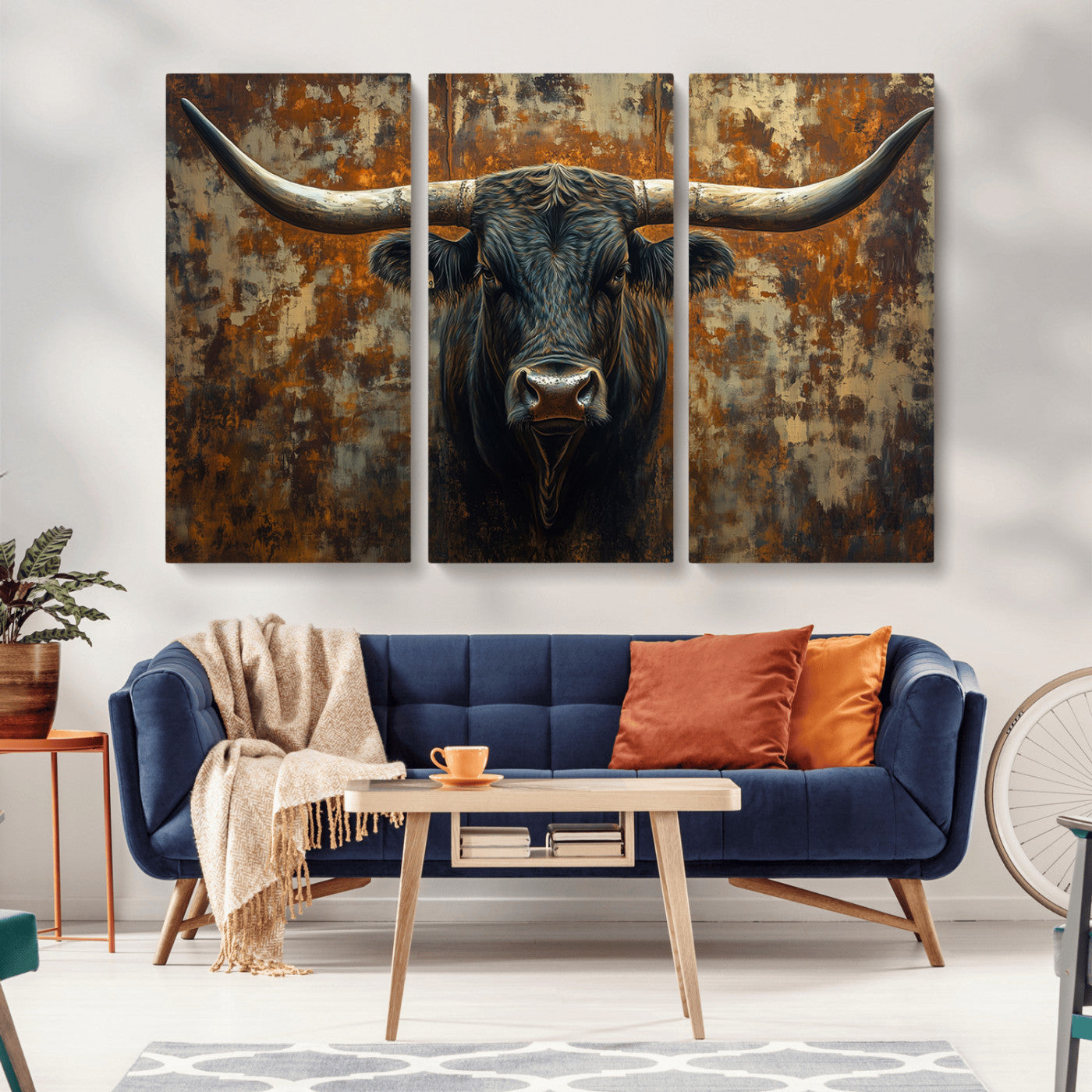 MGV-CV-48X32-3P - Longhorn Texas Cow Bull Wall Art | Rustic Farmhouse Canvas Print | Ready to Hang Barn Decor for