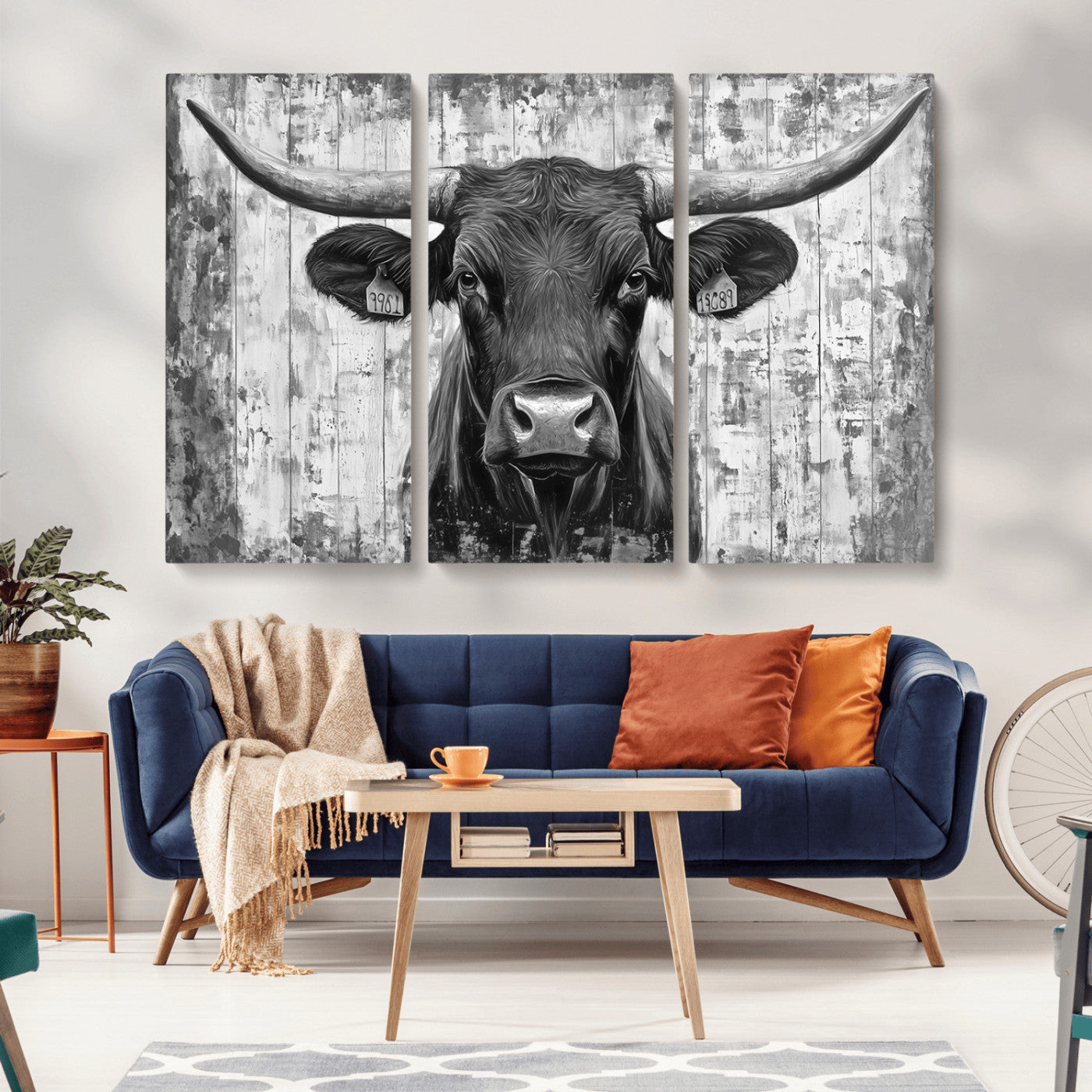 MGV-CV-48X32-3P - Abstract Longhorn Bull Wall Art Canvas Print - Rustic Texas Western Cow Artwork