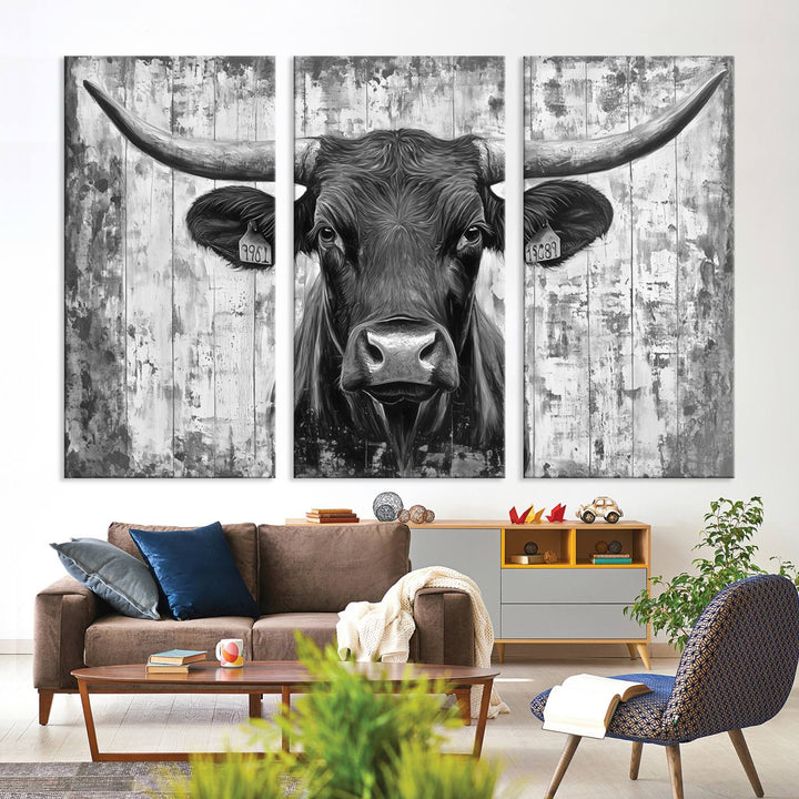 Abstract Longhorn Bull Wall Art Canvas Print - Rustic Texas Western Cow Artwork