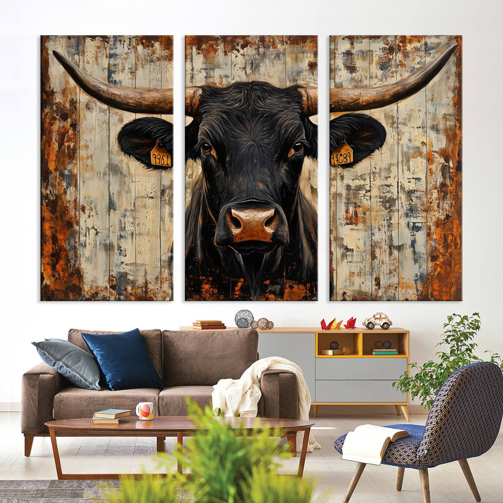 Black bull painting with horns and ear tags, ideal for rustic Texas decor - Abstract Cow Longhorn Bull Canvas Print.