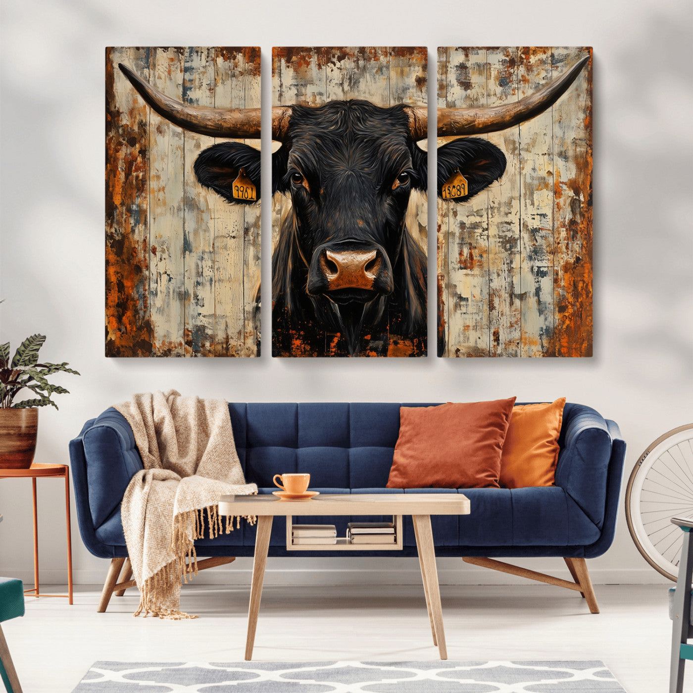 MGV-CV-48X32-3P - Rustic Texas Artwork Wall Art Canvas Print - Abstract Cow Longhorn Bull Wall Art Canvas Print