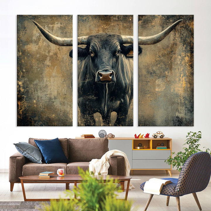 Abstract Cow Longhorn Bull Wall Art Canvas Print - Rustic Texas Western Cattle Artwork