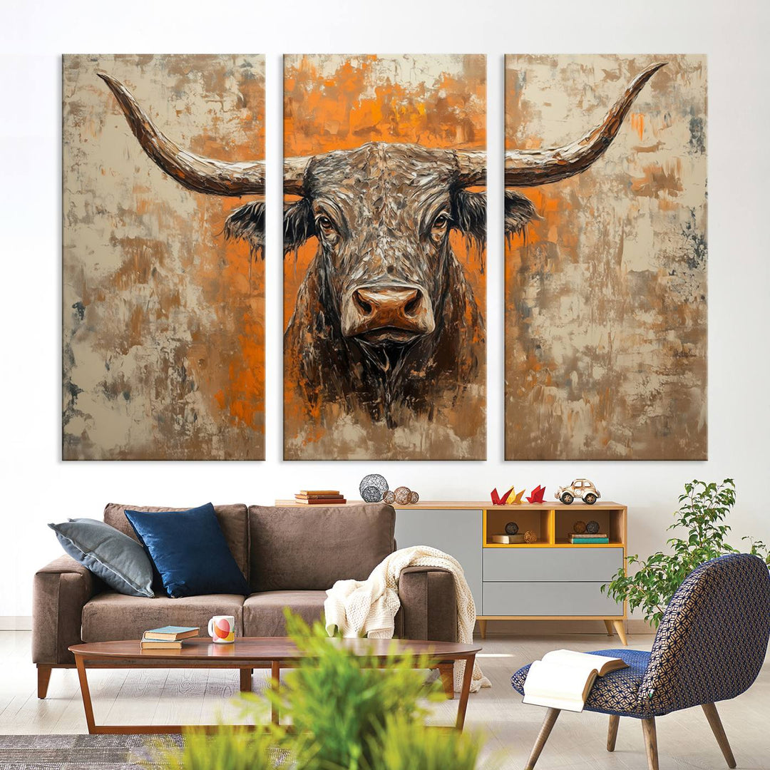 Abstract Cow Longhorn Bull Wall Art Canvas Print - Rustic Texas Western Cattle Artwork