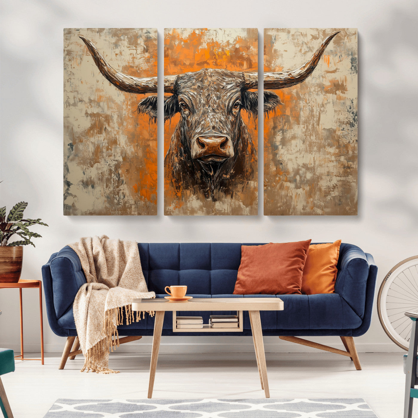 MGV-CV-48X32-3P - Abstract Cow Longhorn Bull Wall Art Canvas Print - Rustic Texas Western Cattle Artwork