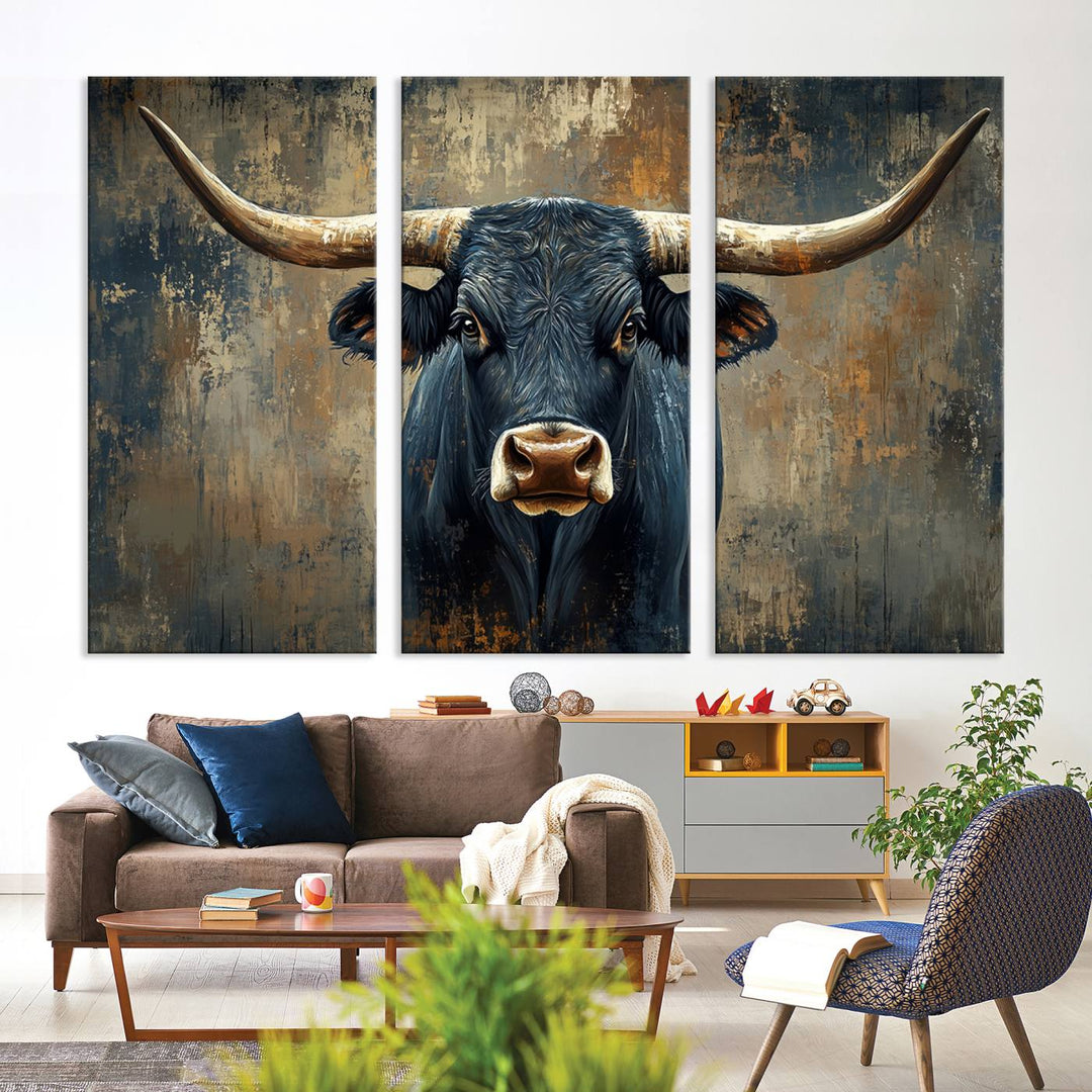 Abstract Cow Longhorn Bull Wall Art Canvas Print - Rustic Texas Western Cattle Artwork