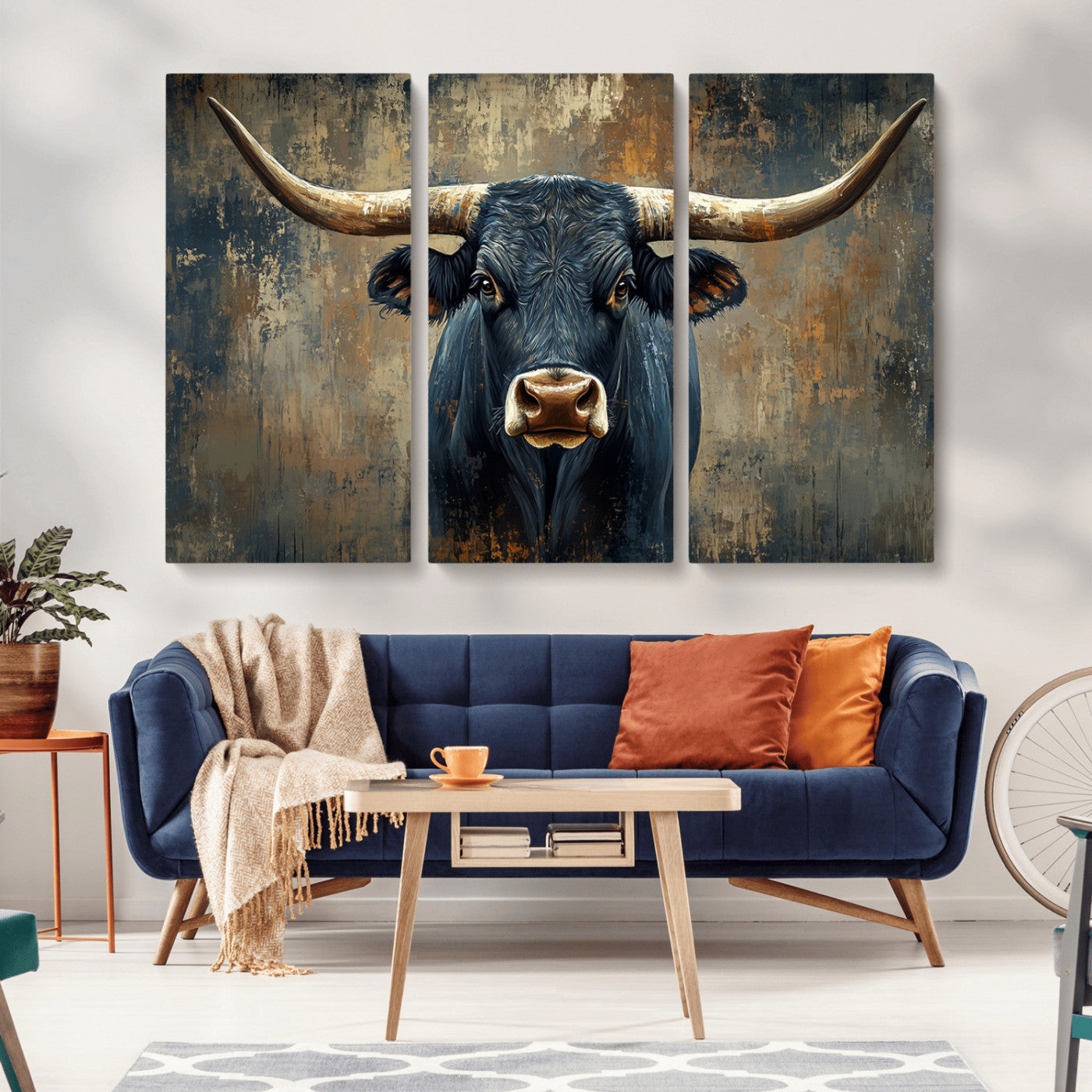 MGV-CV-48X32-3P - Texas Western Wall Art Canvas Print - Abstract Cow Longhorn Bull Wall Art Canvas Print - Rustic Cow