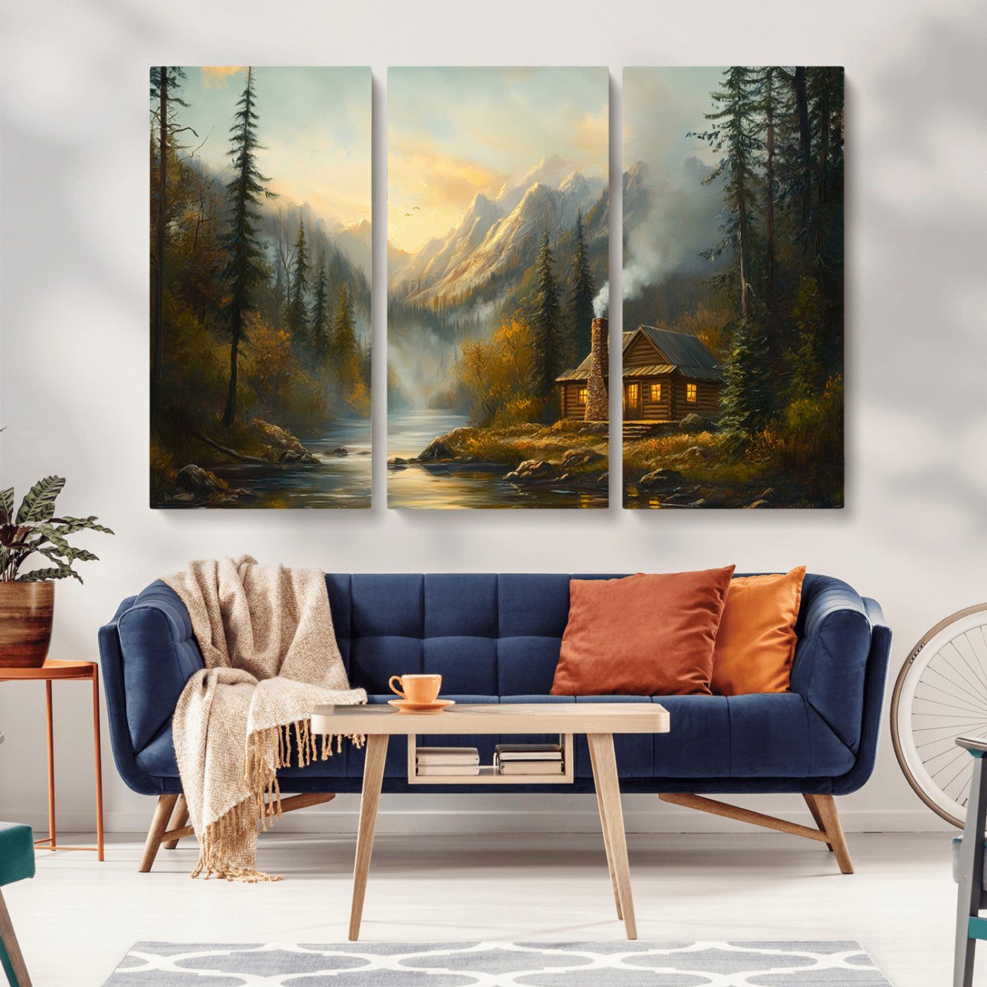 MGV-CV-48X32-3P - Wood Cabin Retreat Mountain at Sunset Wall Art Print - Serene Forest and River Landscape Wall Art