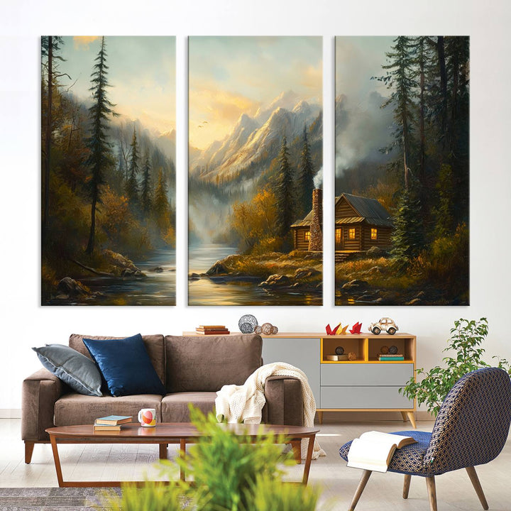 Wood Cabin Retreat Mountain at Sunset Wall Art Print - Serene Forest and River Landscape Wall Art Canvas Print